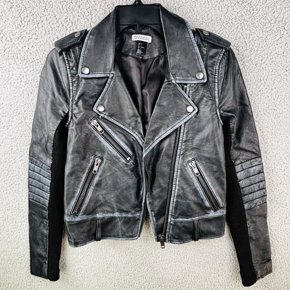 H&M Divided Moto Jacket Womens 2 Black Distressed The Darkness Inside Vegan